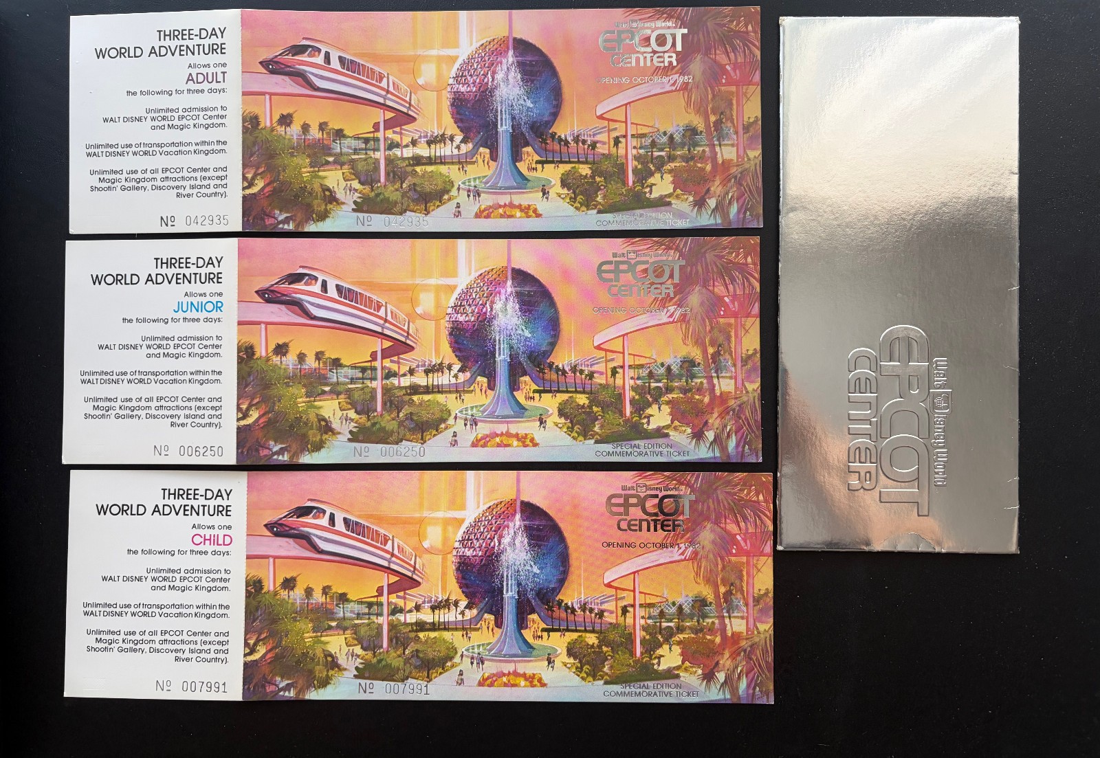 EPCOT Center 1982 Commemorative Opening Day Tickets w/Envelope Walt Disney World