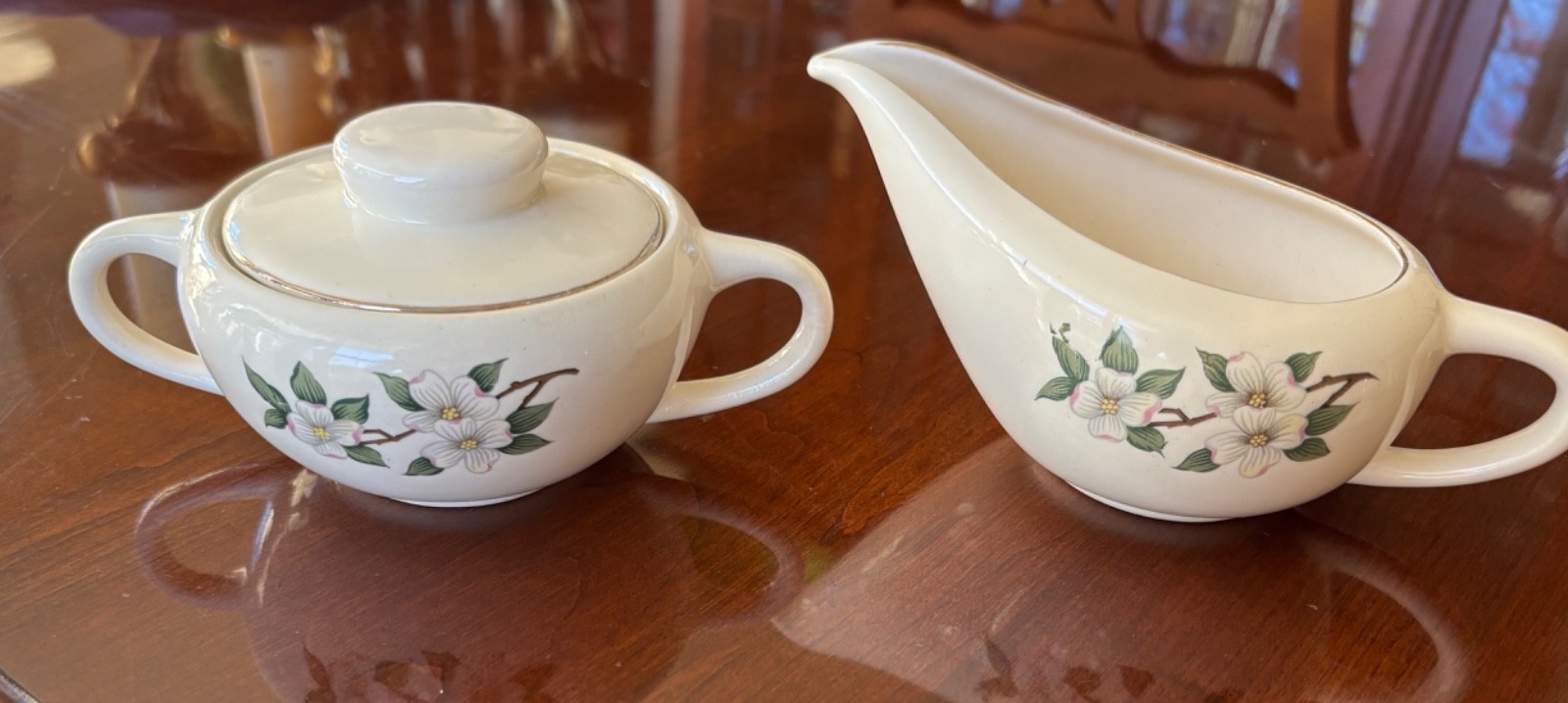 Vintage MCM Covered Sugar Bowl & Creamer, White Dogwood Tree Blossoms Gold Trim