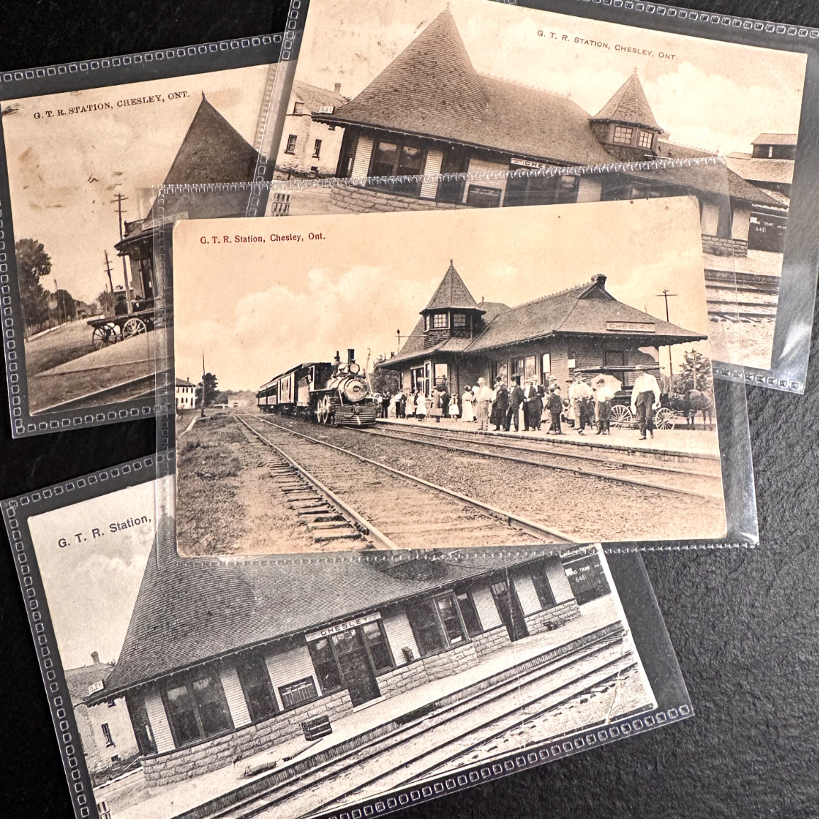 FOUR ANTIQUE GRAND TRUNK RAILWAY CHESLEY STATION DEPOT ONTARIO CANADA POSTCARDS
