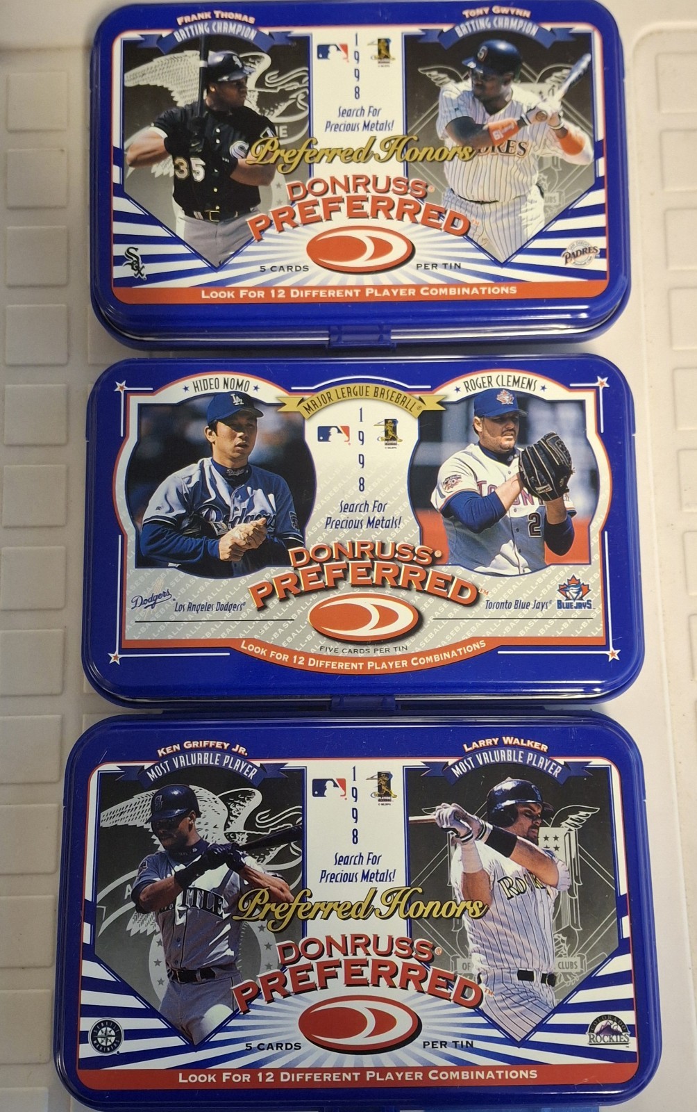 Lot of 3 Empty 1997 Donruss Preferred Baseball Tins - Griffey, Gwynn, Clemens...