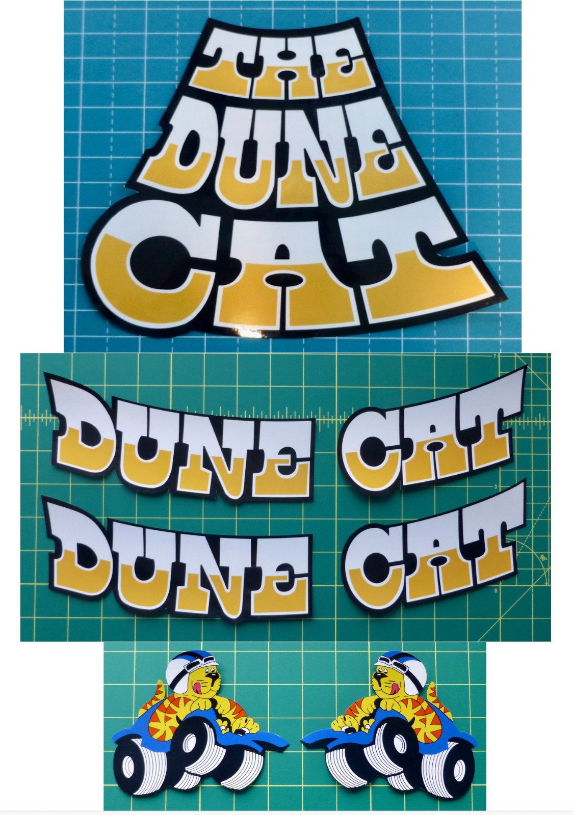 Front, upper side, and lower  side decal set for 1970's Muskin Dune Cat