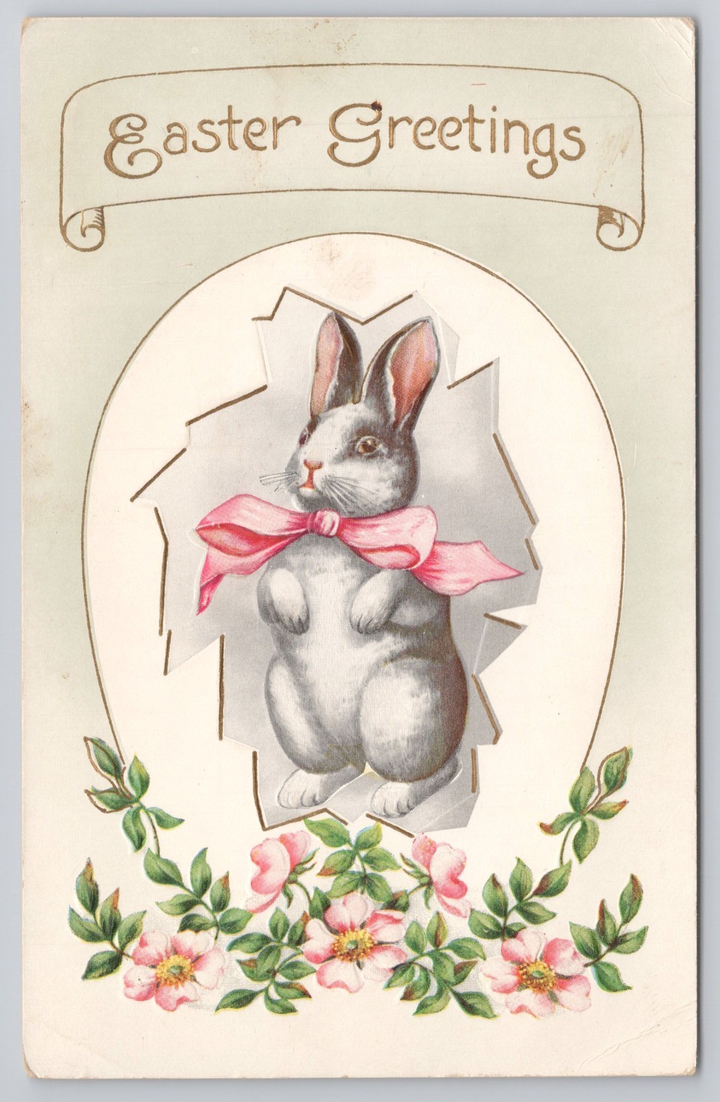 Easter Greetings Grey Bunny Rabbit Pink Ribbon Floral Frame Postcard