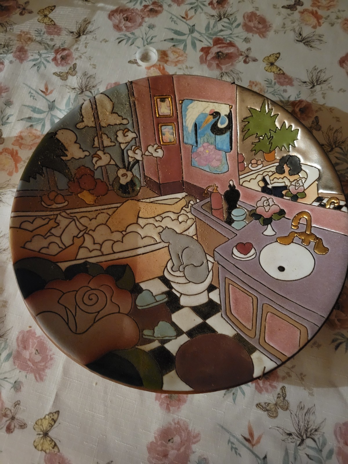 VTG Judy Miller Woman in Tub Pottery Plate 12.5