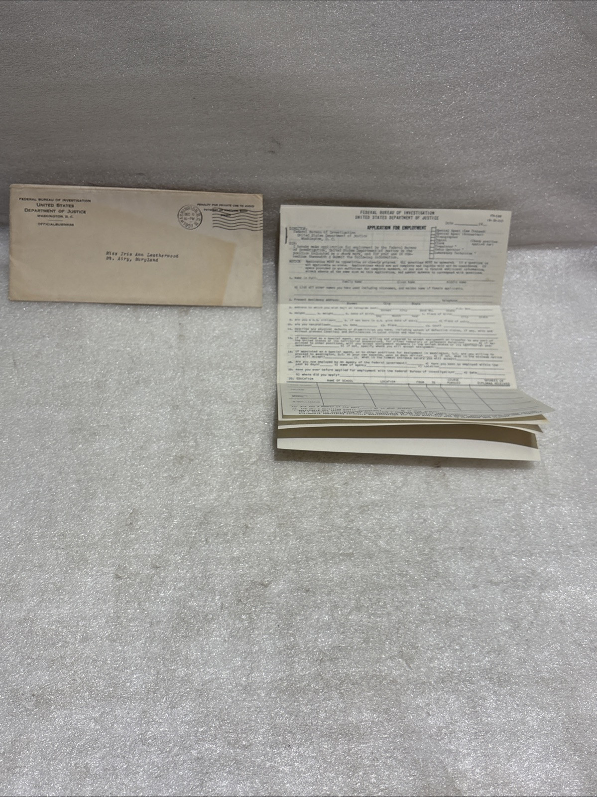 Rare & Vintage 1951 FBI Application With Original Letter: Unwritten On