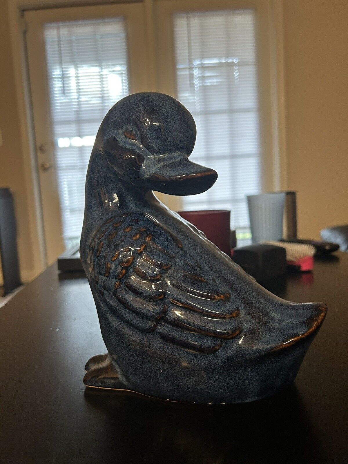 Vintage Pottery Duck Figurine Blue Bird Speckled with Brown contrast woodland
