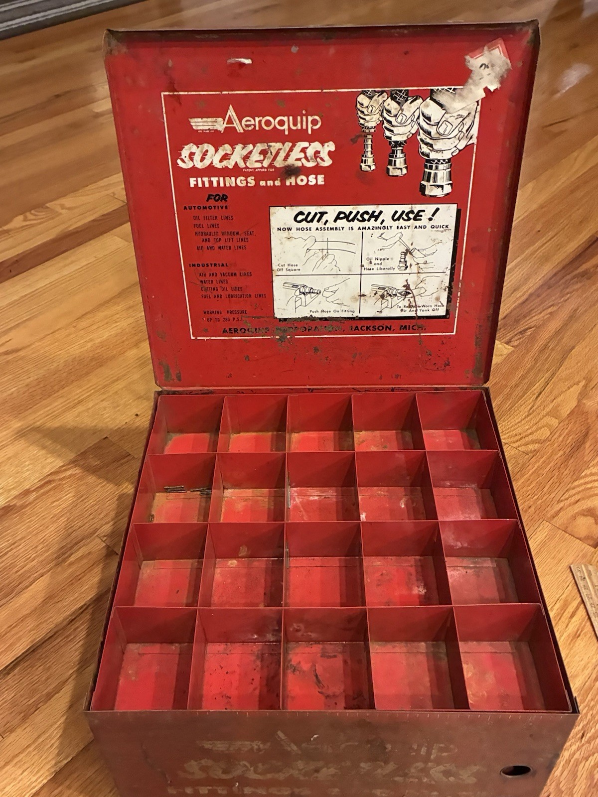 VINTAGE METAL STORE DISPLAY CASE AEROQUIP SOCKETLESS FITTINGS AND HOSE LOOK