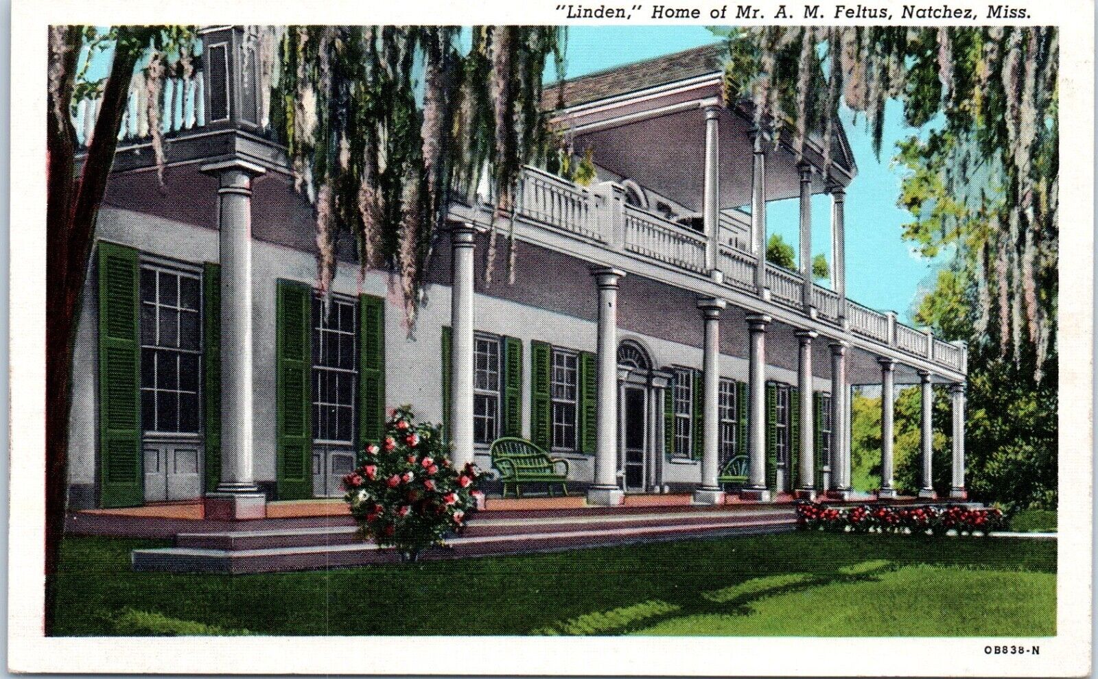 Natchez, MS - Linden Linen Postcard Unposted Mansion Antebellum Home