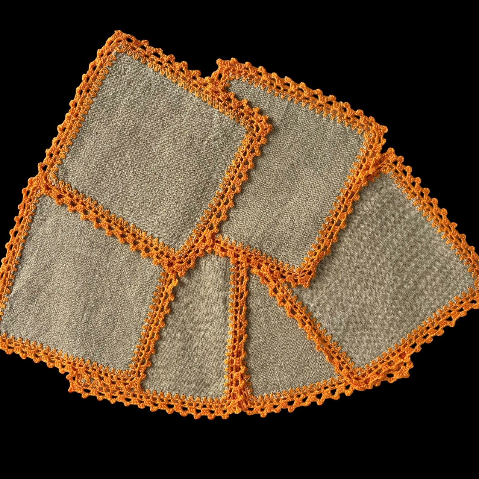 Set of 6 Vintage Polish Linen & Orange Crochet Doilies Table Runners Poland