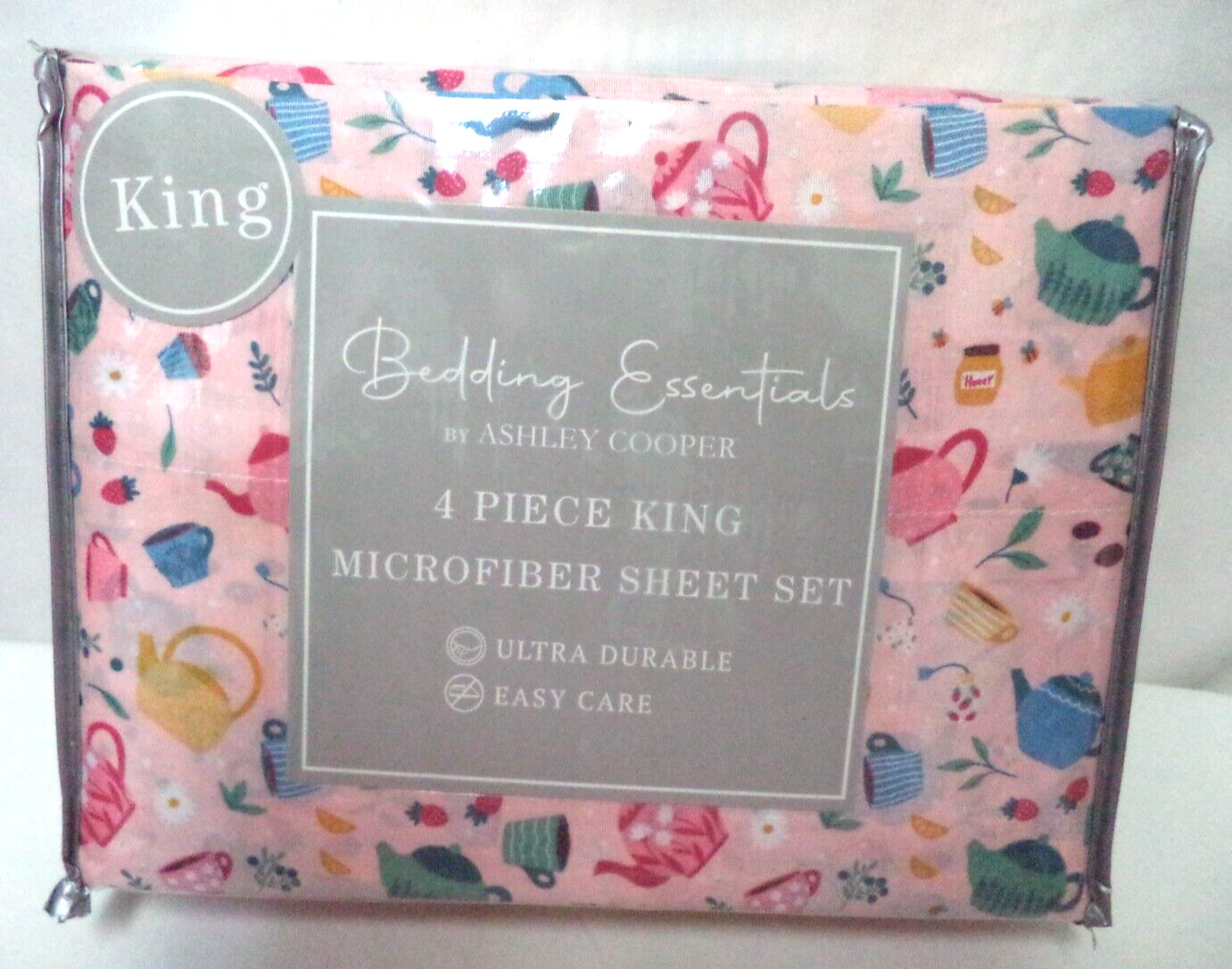 Ashley Cooper Tea Party Cup pink 4 piece Micro Fiber King sheet set NEW NWT