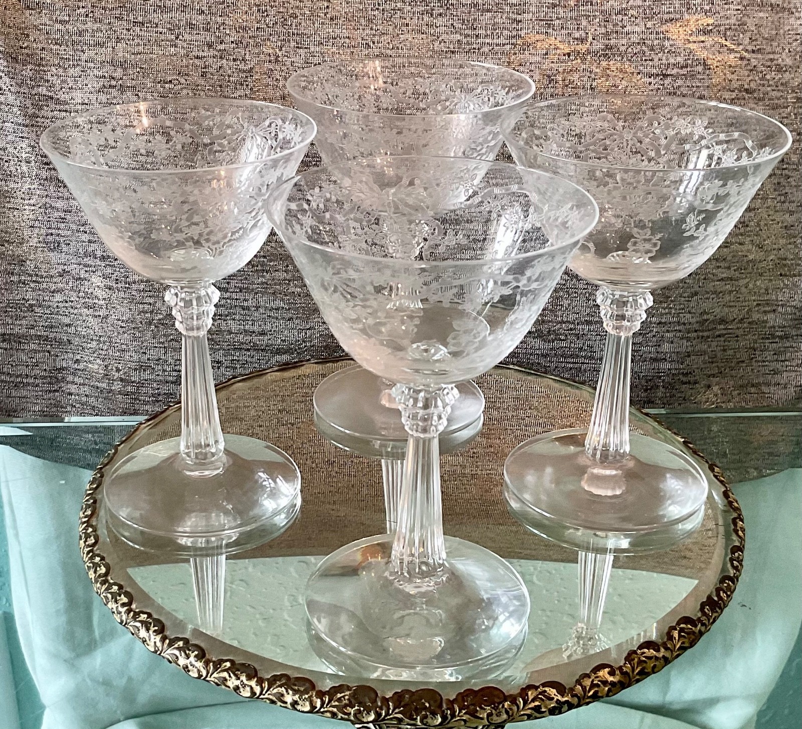 (4) FOSTORIA *Romance* Lovely Crystal Etched Champagne Cocktail Glasses Vintage