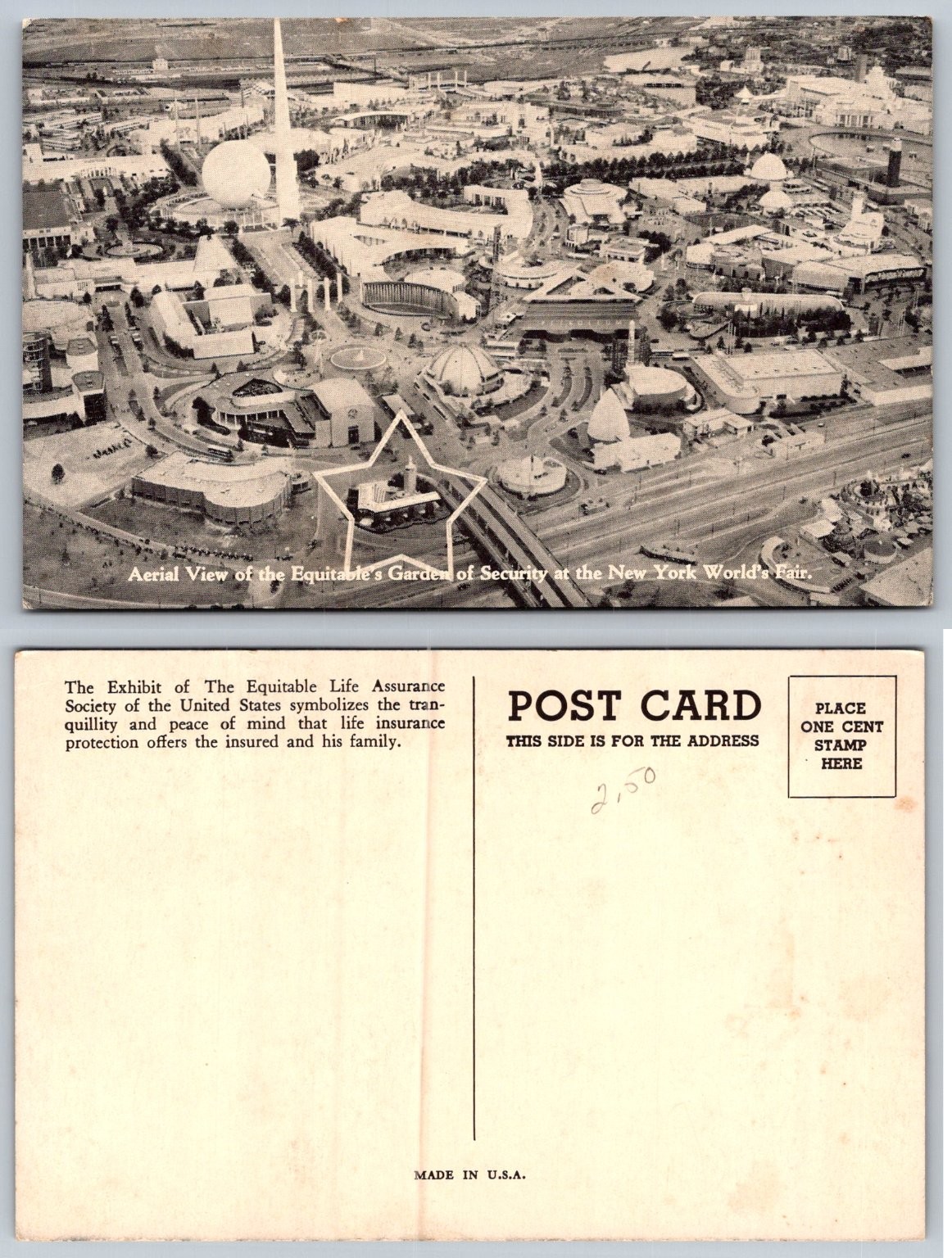 1939-40 NY World\'s Fair Equitable Garden of Security Aerial View Postcard