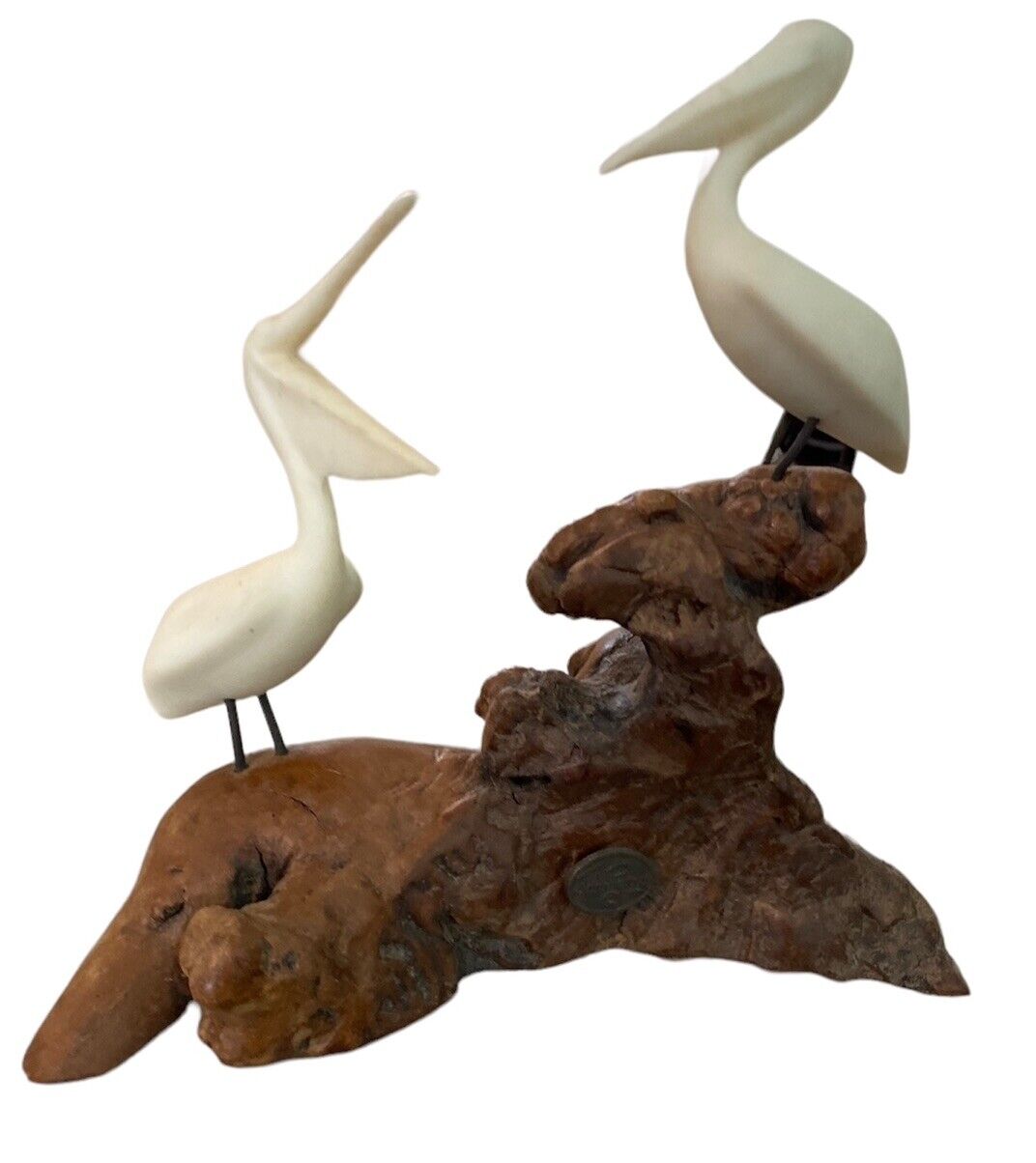 Vintage John Perry Burlwood Pelican Sculpture.Two Pelicans Standing On The Rock