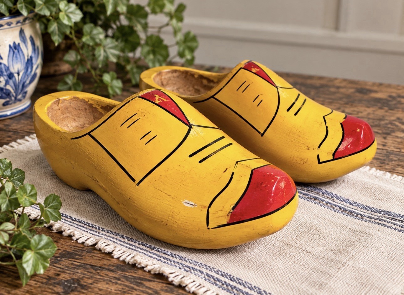 Vintage Hand Painted Wooden Dutch Clogs Yellow Red Folk Art Shoes Pair 8.25”