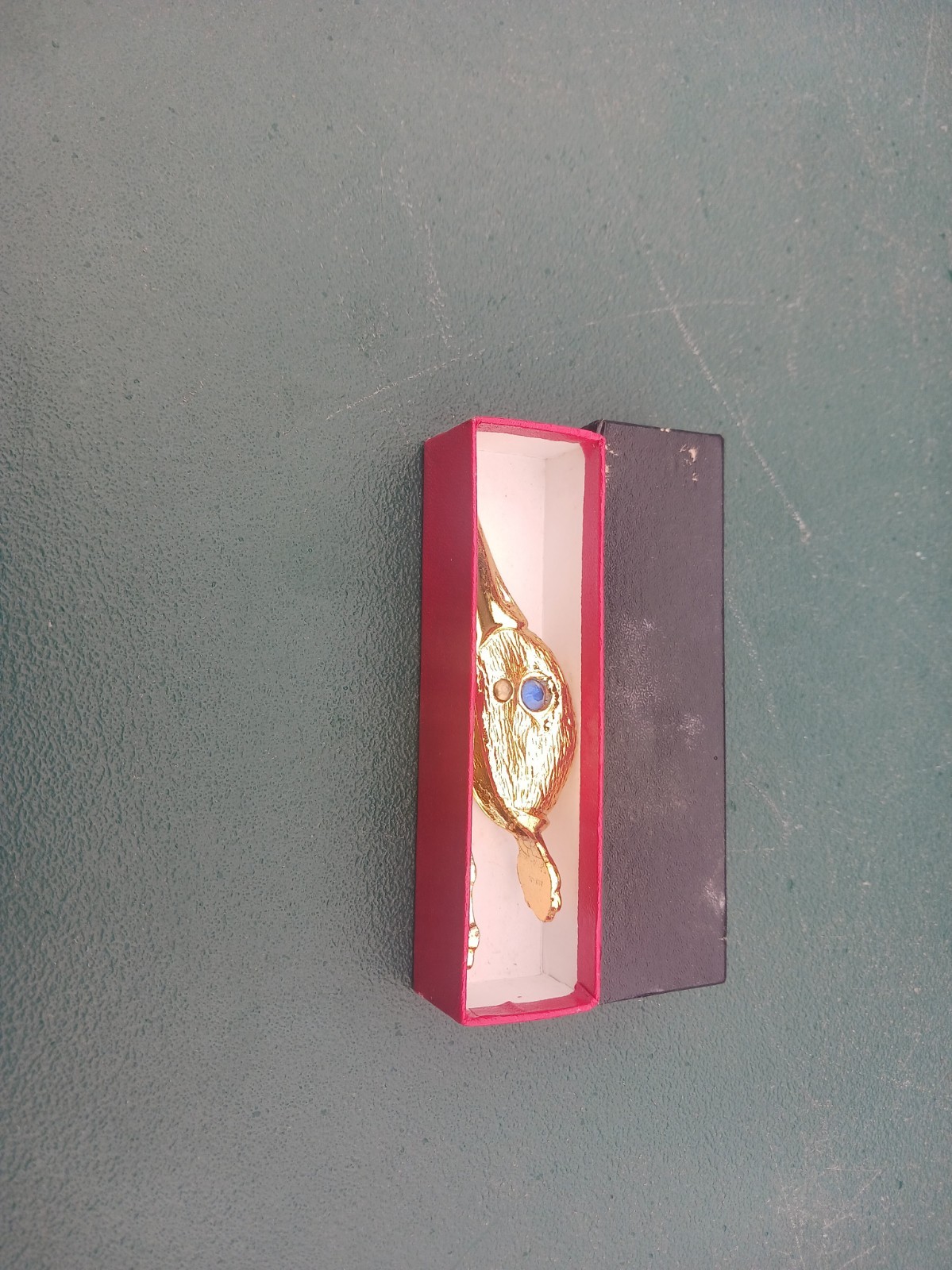 Vintage Duck Head Blue Glass Eyes  Gold Tone Paper Clip Receipt W/Original Box