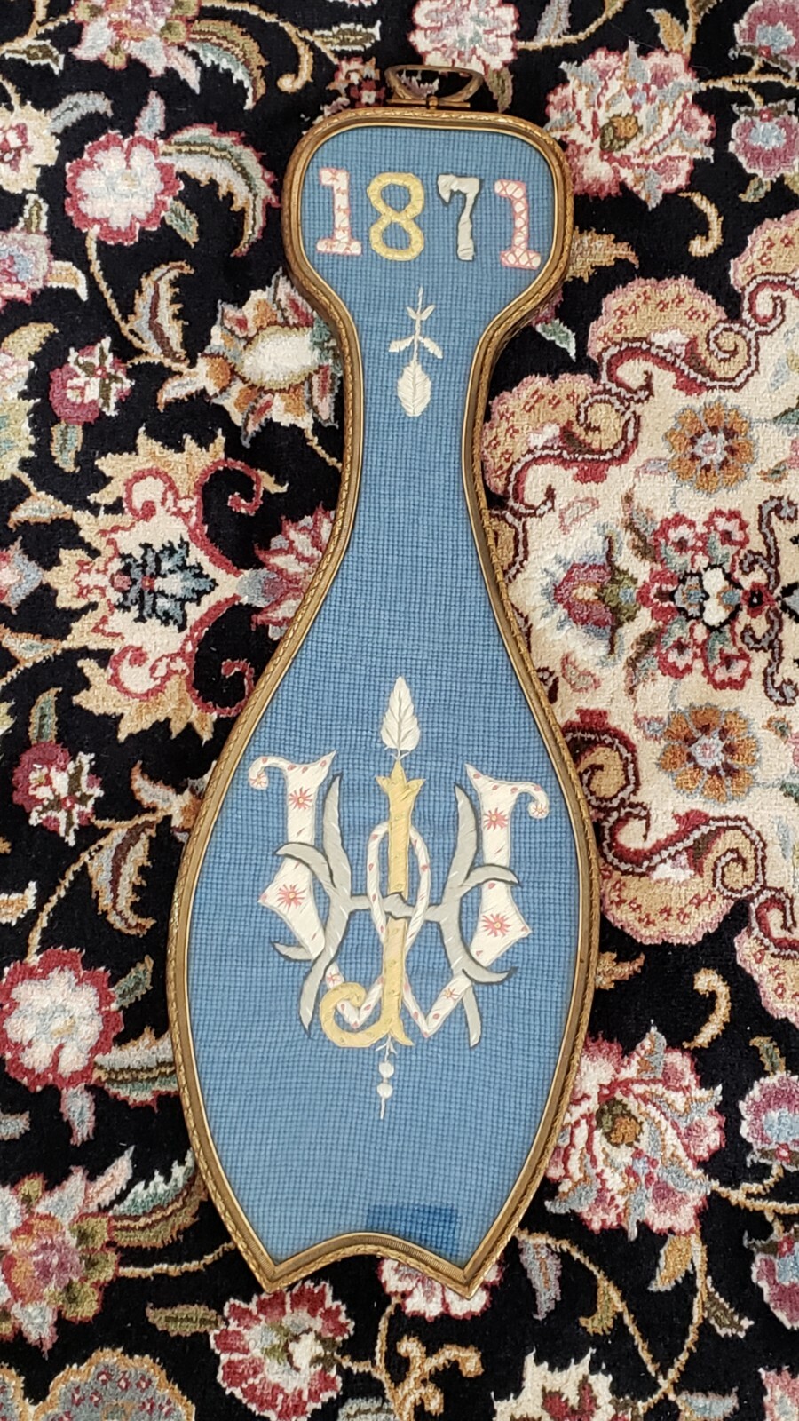 Antique 19th Century 1871 Armorial Needlework Framed, Rare Shape