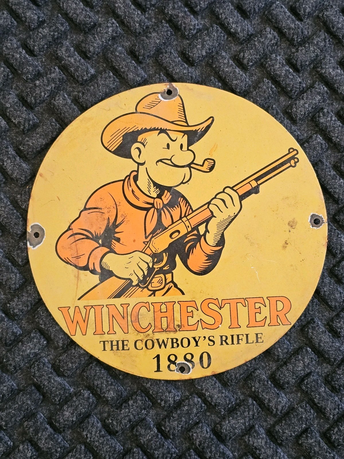 VINTAGE WINCHESTER THE COWBOY RIFLE 1880 PORCELAIN SIGN 12