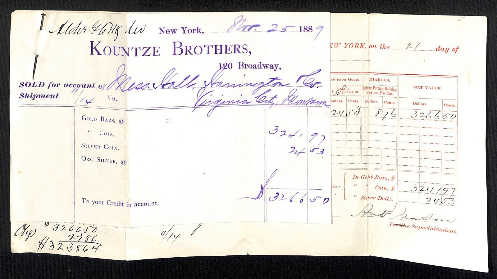 Kountze Brothers 120 Broadway Related 1889 Gold Bullion Assay & Receipt Scarce