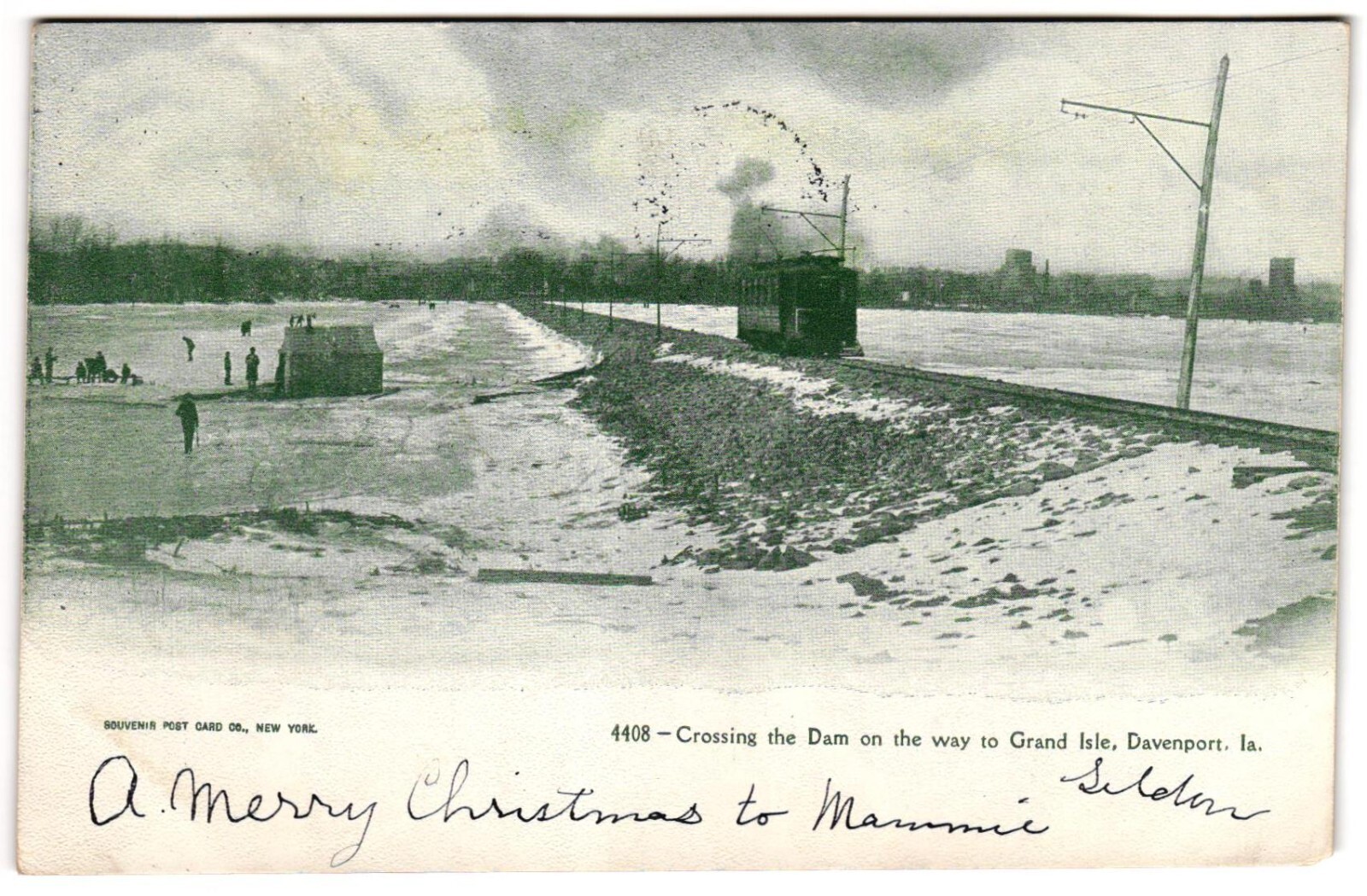Crossing the Dam on the way to Grand Isle Davenport Iowa Winter c1900s Postcard