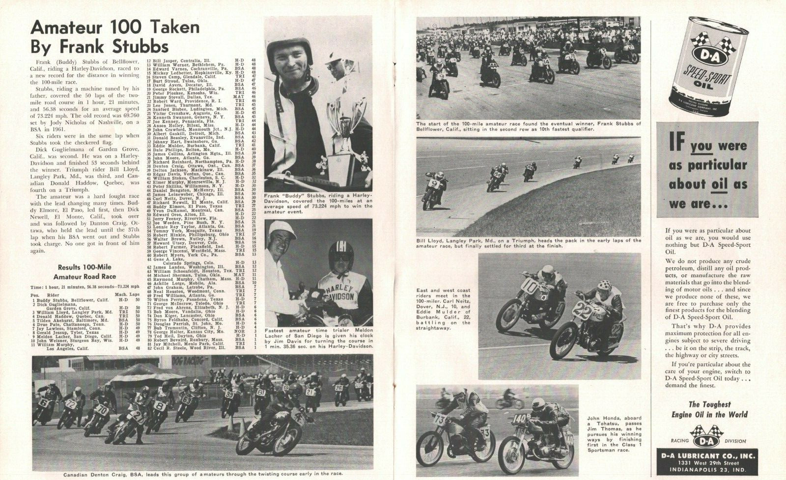 1963 Frank Stubbs Bellflower CA Wins 100-Mile 2-Page Vintage Motorcycle Article