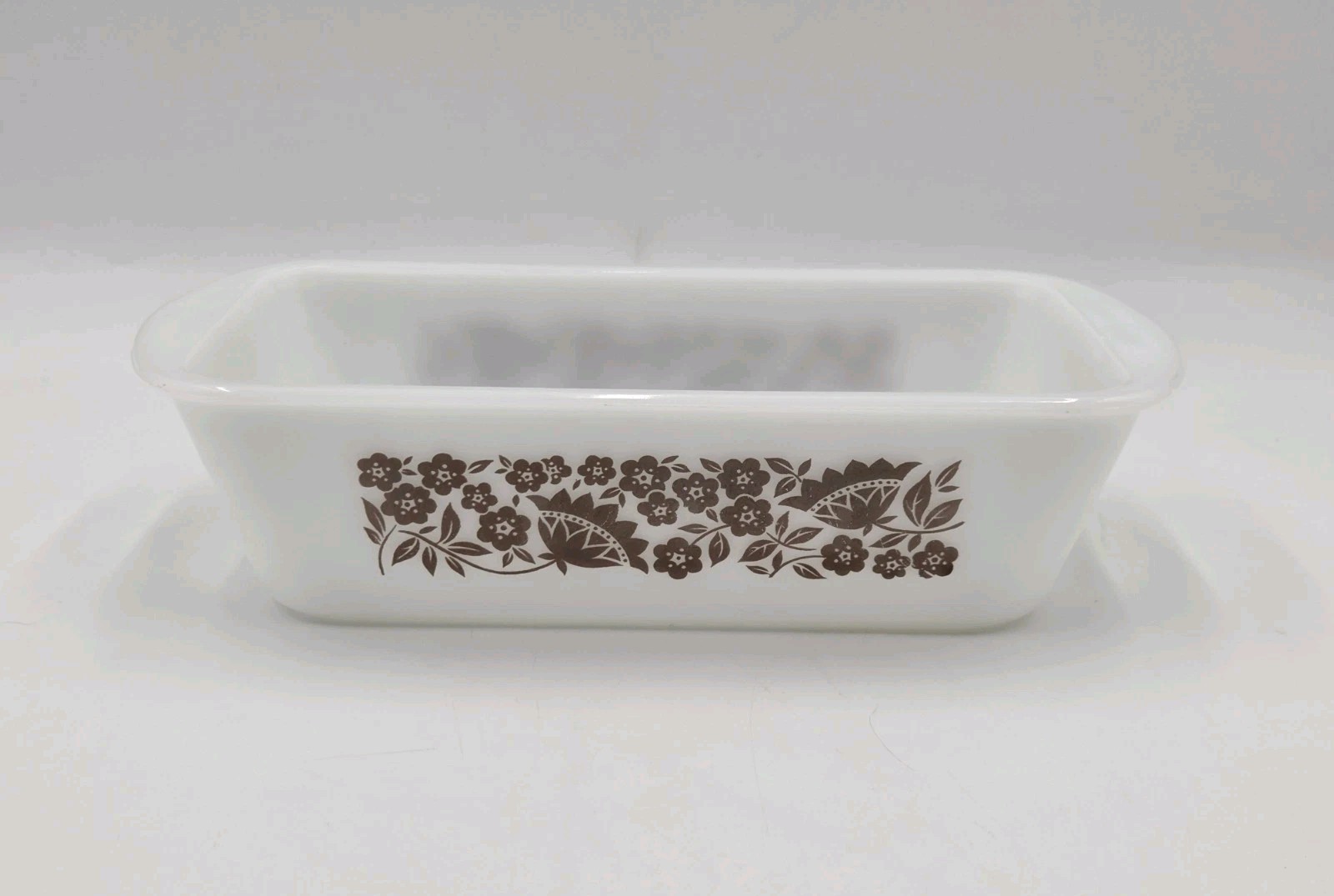Vtg White Glasbake J522 - 1 1/2 Quart USA Loaf Pan Dish Bakeware Brown Flowers