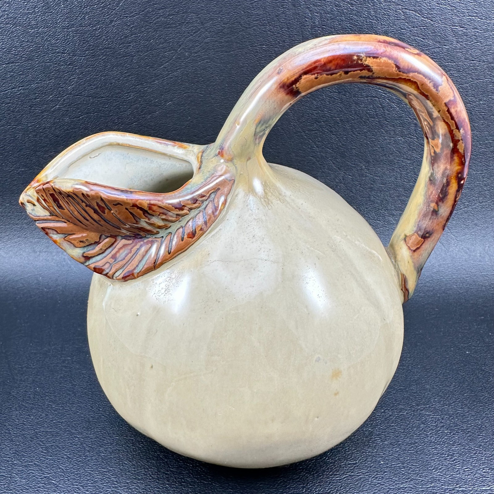 Gourd Pumpkin Pitcher Pottery Leaf Spout Rustic Famhouse Browns Autumn Fall 6.5\