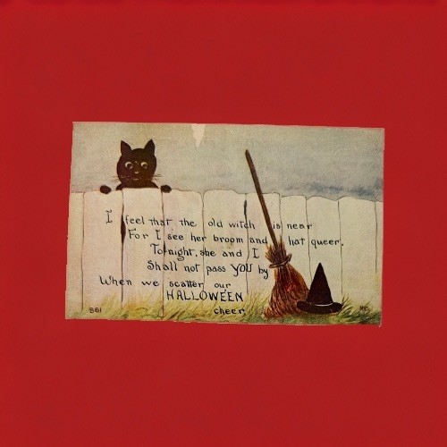 Antique/ Vintage FA Owen Co Halloween Black Cat Witch Broom  Postcard Unused