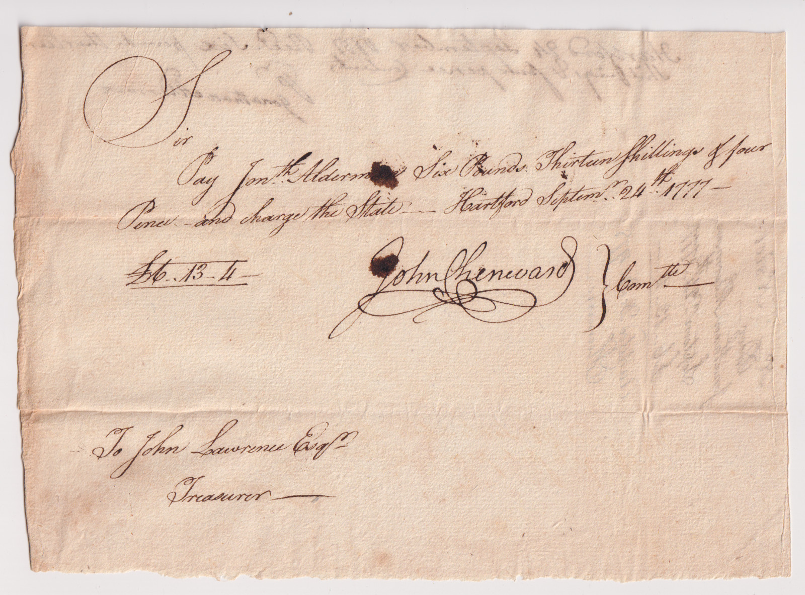 1777 Revolutionary War Document Connecticut Pay Order 1777 Revolutionary War Document Connecticut Pay Order
