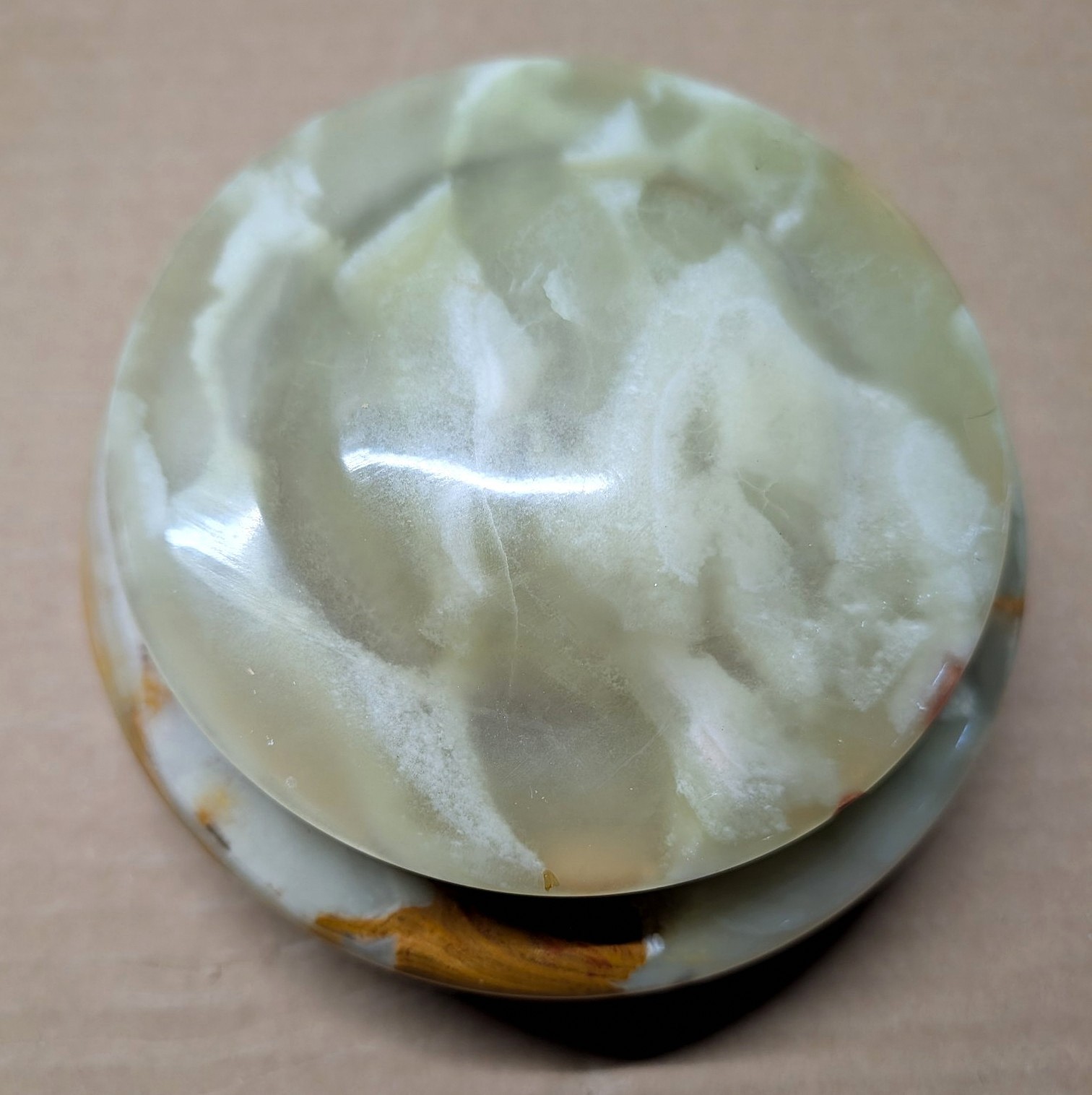 Vintage Green Banded Onyx Round Trinket Box Brass Trim Dolphin Feet Hinged Vintage Green Banded Onyx Round Trinket Box Brass Trim Dolphin Feet Hinged