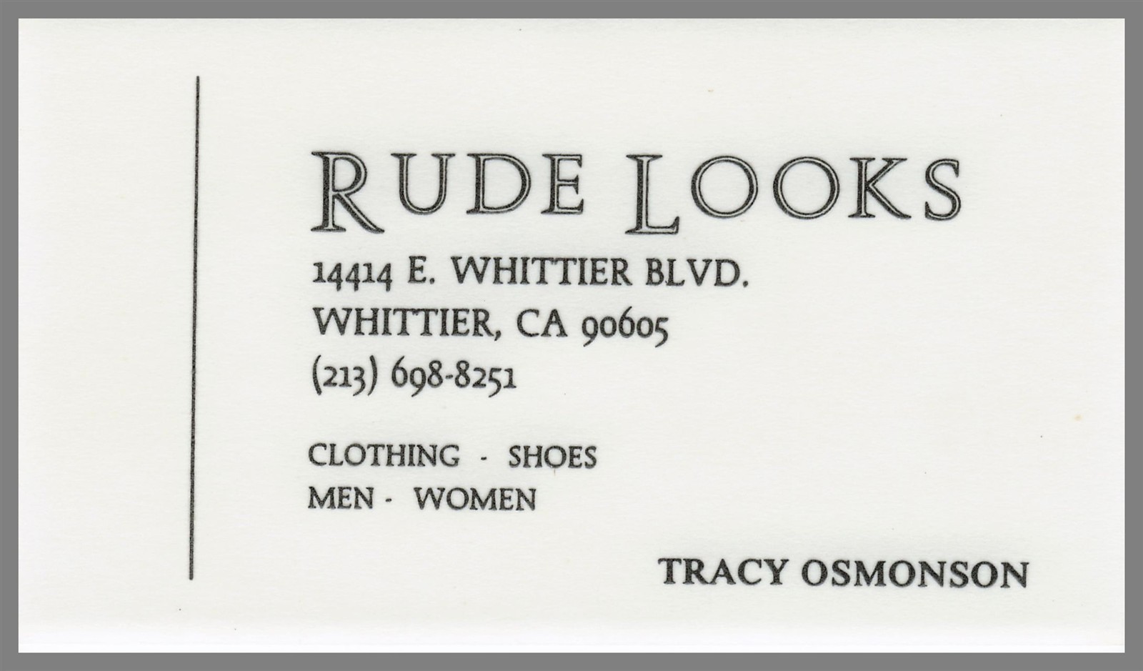 Rude Looks Clothing Shoes Tracy Osmonson Whittier CA Business Card Vintage