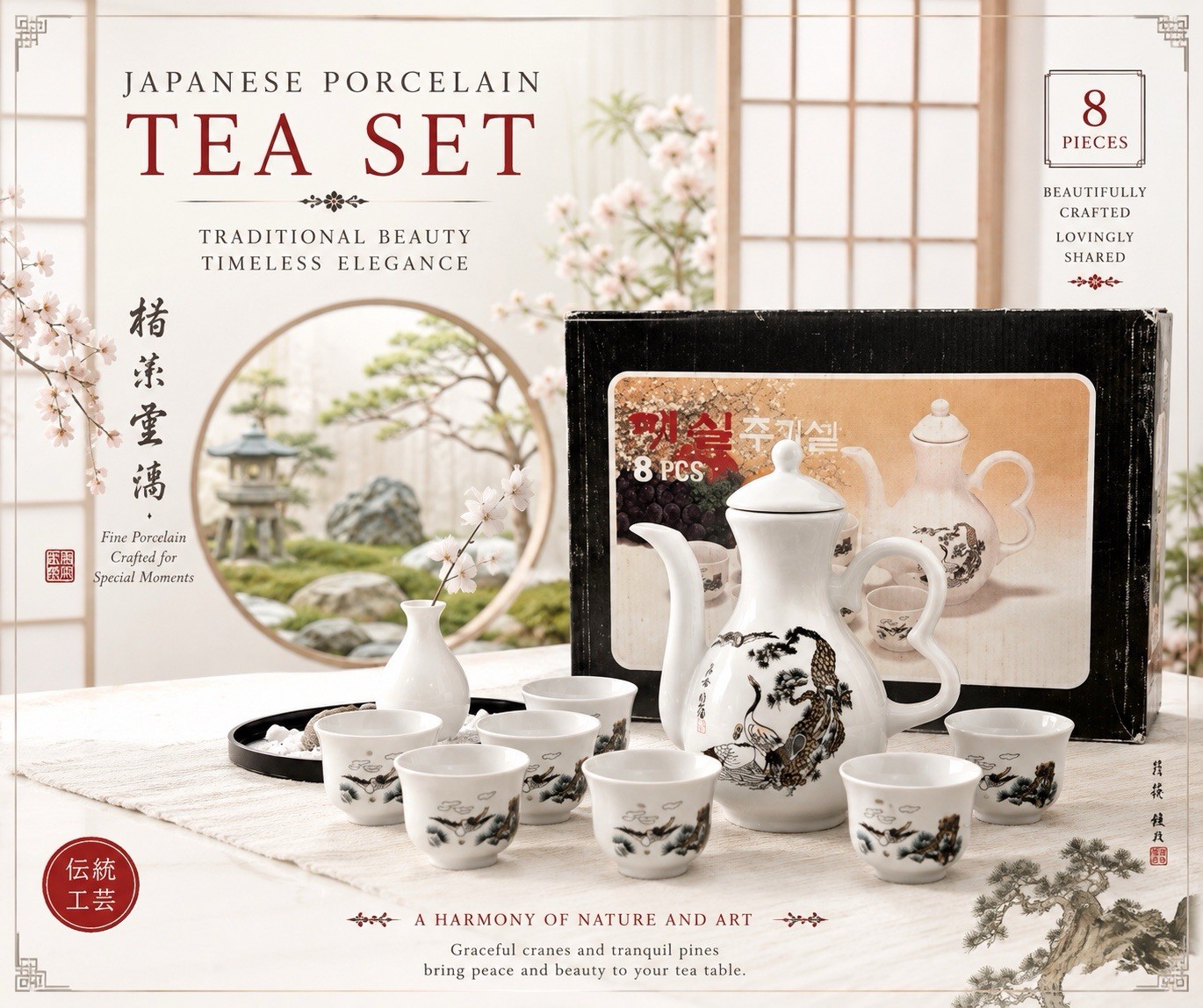 VTG Japanese 8 Piece Porcelain Tea Set Sake Set Crane Design Decanter Teapot VTG Japanese 8 Piece Porcelain Tea Set Sake Set Crane Design Decanter Teapot