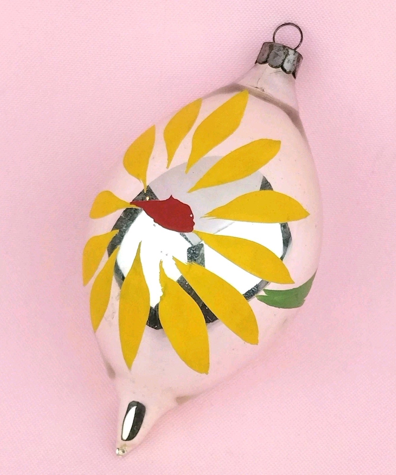 Vtg Heim Teardrop Hand Painted Yellow Red Floral Lemon Drop US of A Silver 4.25\