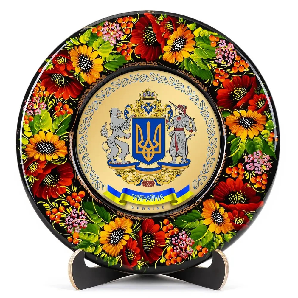 Plate painted in Petrykivka painting technique Sapphire Coat of arms Ukraine💛💙