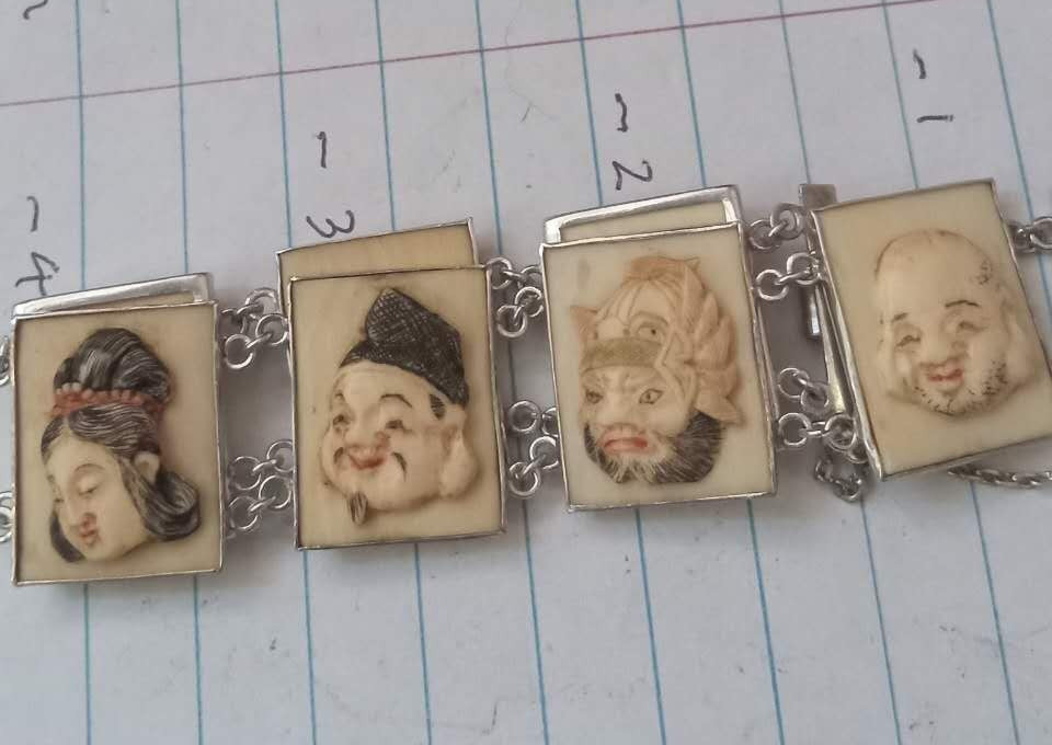 Sterling Silver Japanese Carved Seven Gods Bracelet Link Figural Ebisu Daikoku