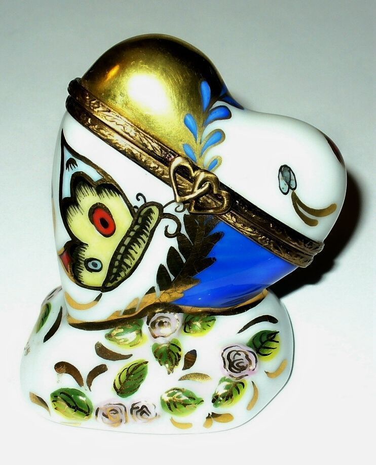 LIMOGES FRANCE BOX ~ CHAMART ~ LEANING HEART ~ FLOWERS & BUTTERFLY ~ ANNIVERSARY