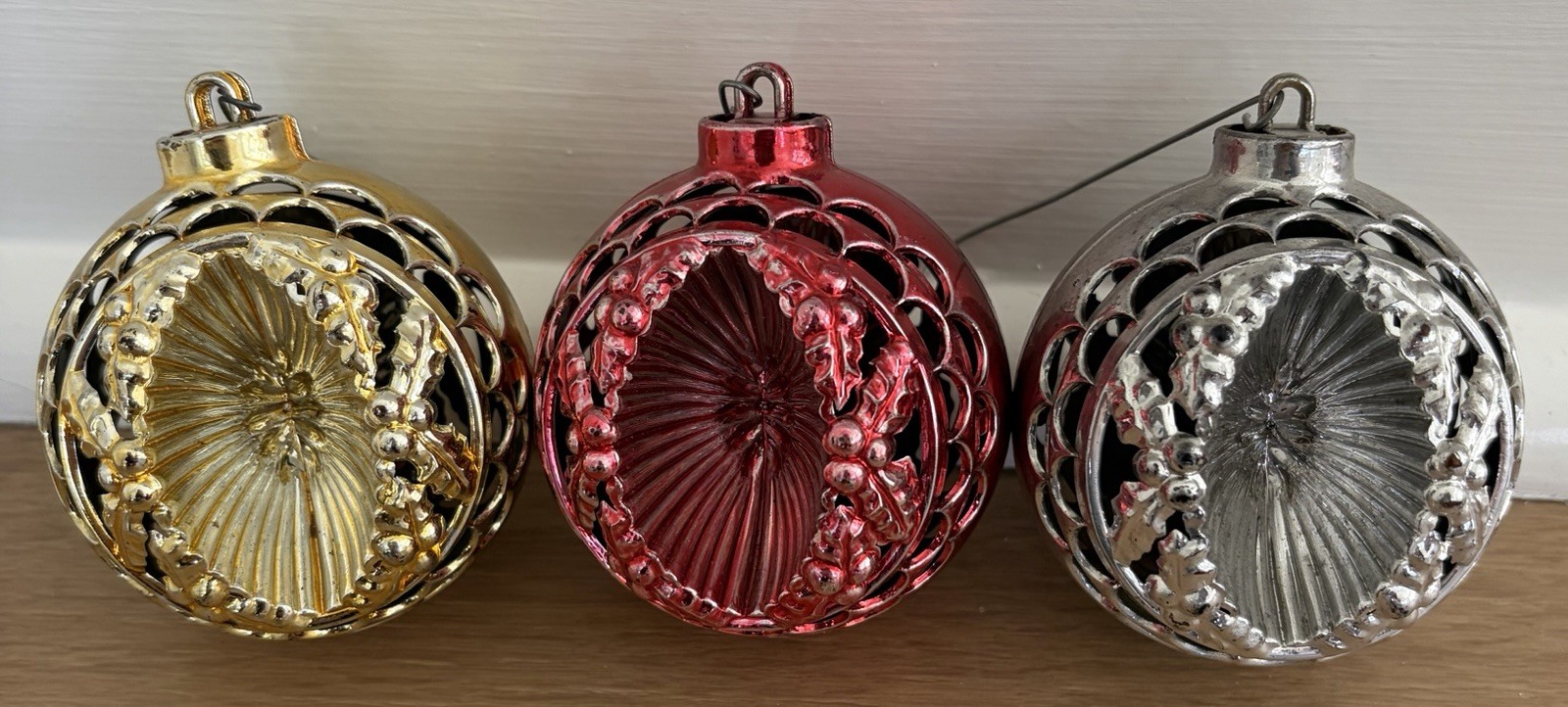 Lot 3 Vtg. Double Sided MCM Bradford Plastic Christmas Ornaments Filigree Indent