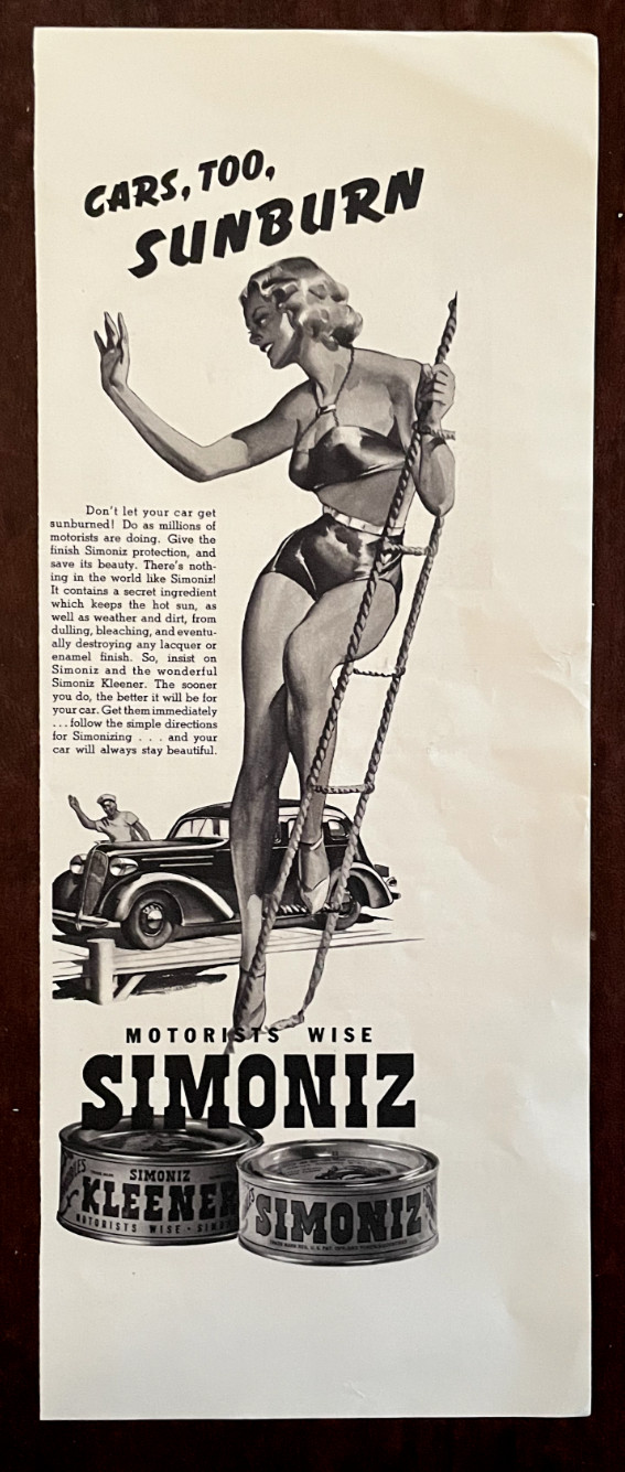 1937 SIMONIZ Bikini Girl Vintage Print Ad Pin Up Car Sunburn