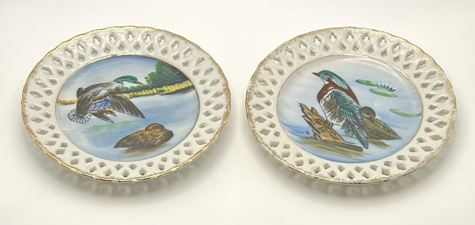 Hand-Painted Mallard and Wild Duck Porcelain Lattice Plates