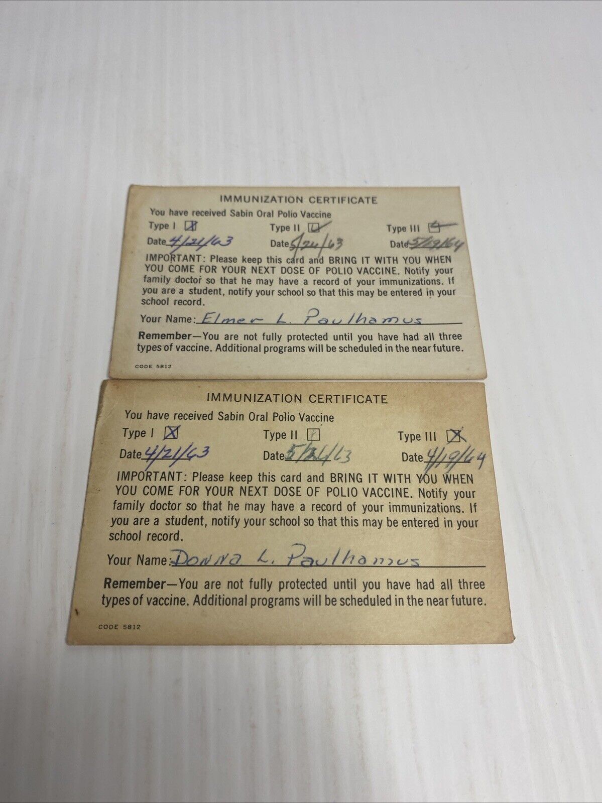 2- 1963 Immunization Certificate Card Sabin Oral Polio Vaccine Type I II II