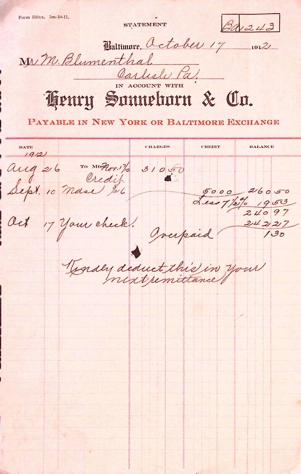 Henry Sonneborn & Co 1912 Billhead Billhead Receipt Invoice Carlisle PA
