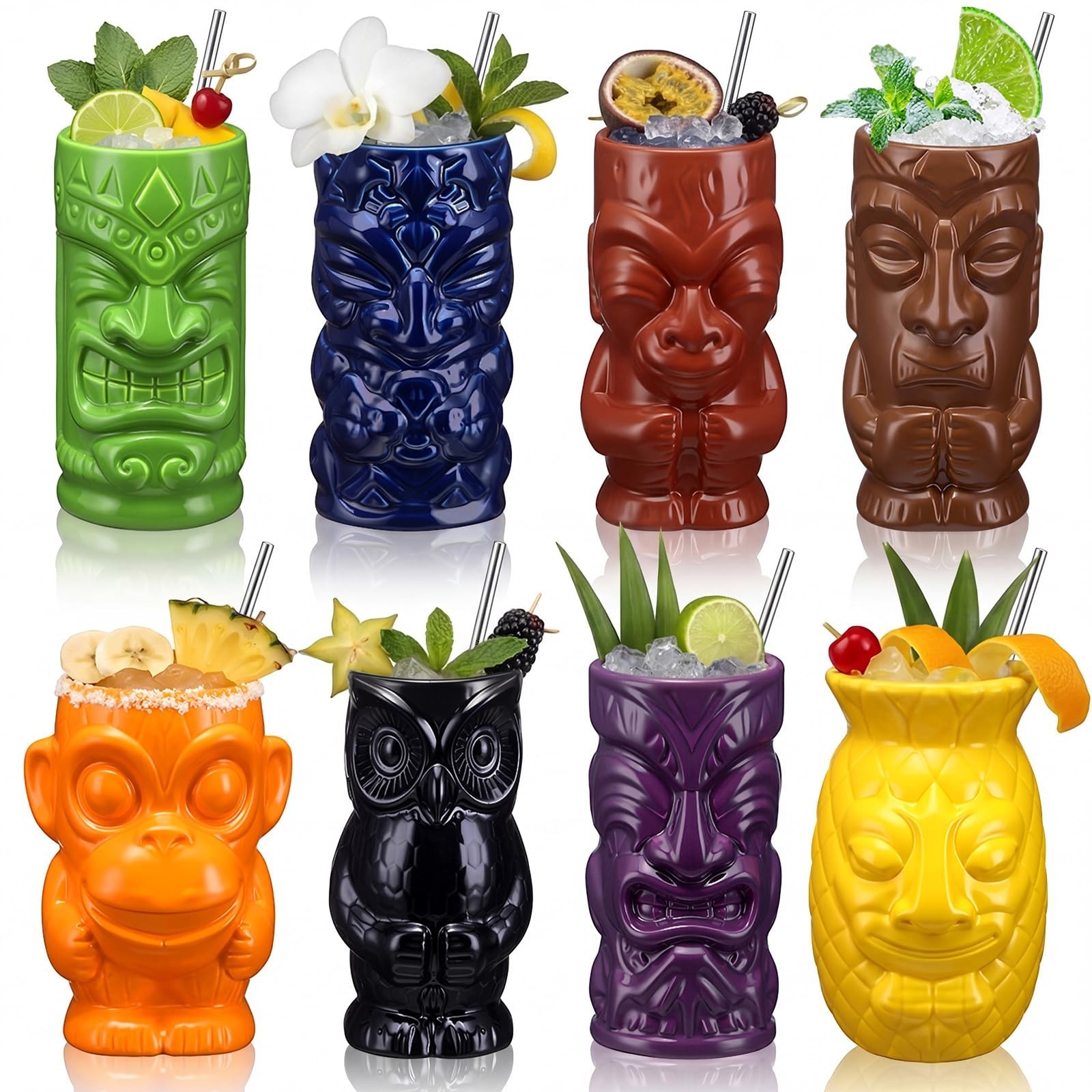 Yungyan 8 Pcs Ceramic Tiki Mugs for Cocktails Tiki Cups for Party Hawaiian Cu...