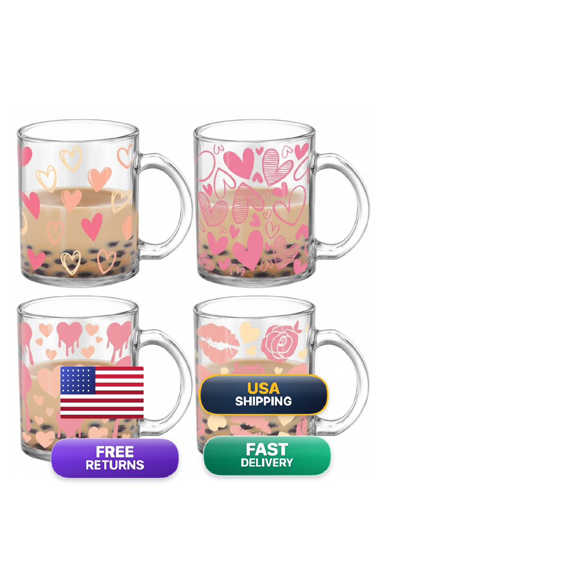 Tioncy 4 Pcs Valentines Heart Coffee Mugs 12 Oz Heart Glass Cups Handle