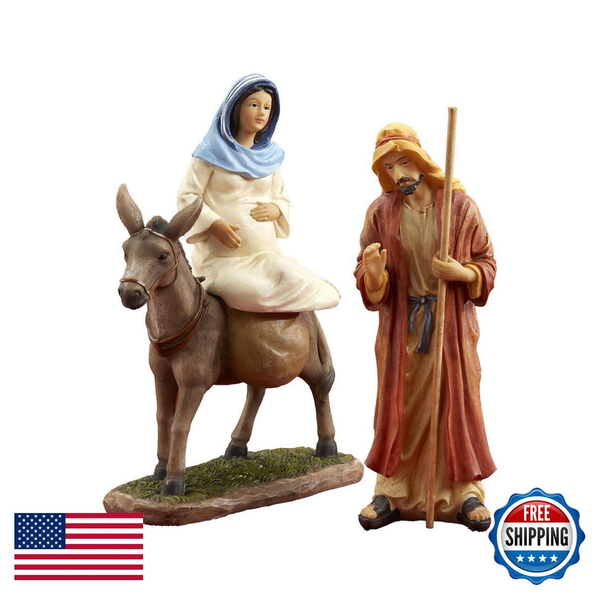 Three Kings Gifts Holy Family Nativity Figurine Set 7 Inch Mary Joseph Donkey
