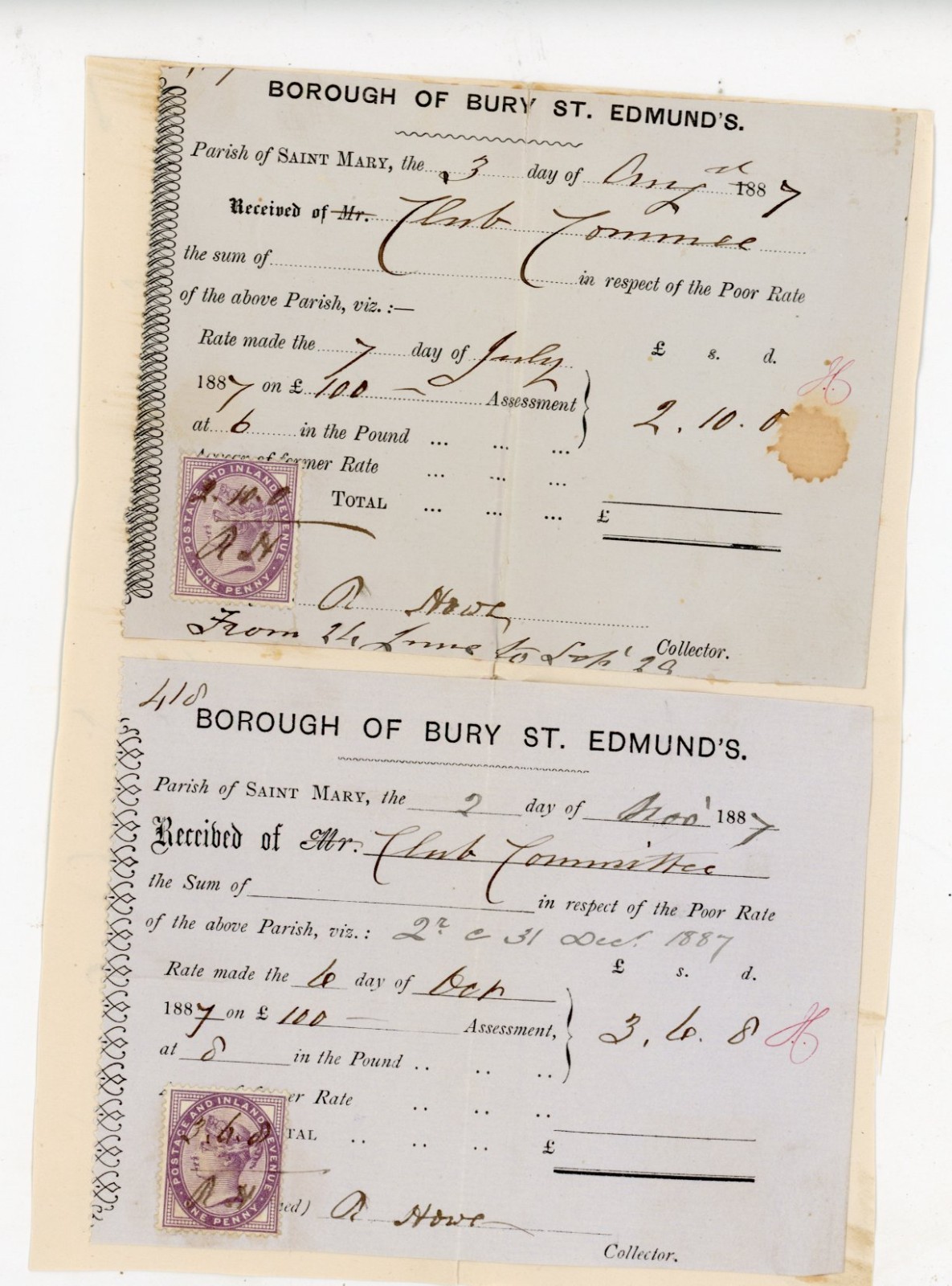 1887 Bury St. Edmunds Poor Rate Receipts Pair Victoria Revenue Stamps Suffolk UK