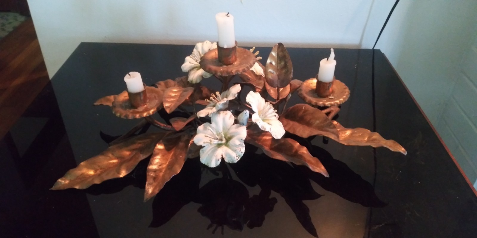 Vtg Italian Mid Century Gilt Tole Gold Leaf Floral Tri Candle Holder Centerpiece