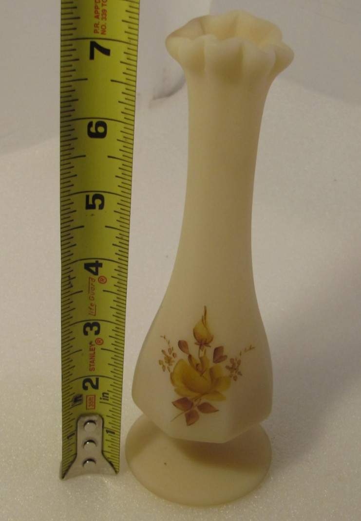 Fenton Satin Glass Bud Vase Brown Beige Hand Painted Fulder 7 Inch Vtg Fluted