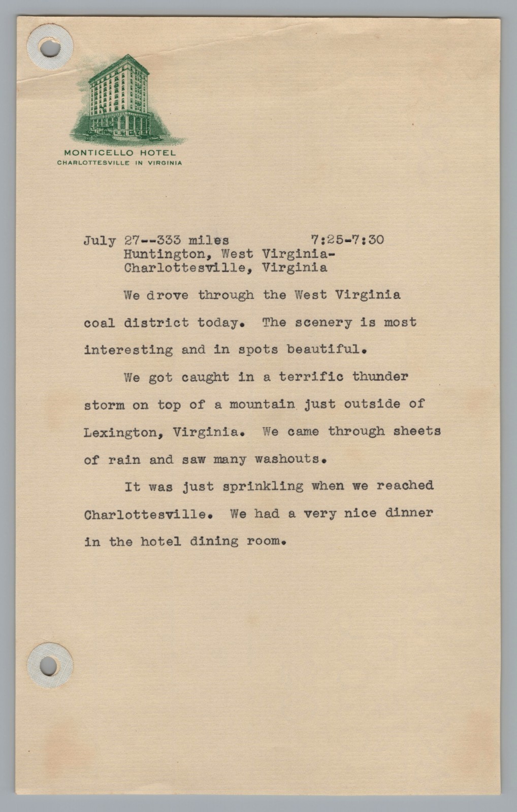 1930s Monticello Hotel Charlottesville VA Letterhead Travel Diary WV Coal 1930s Monticello Hotel Charlottesville VA Letterhead Travel Diary WV Coal