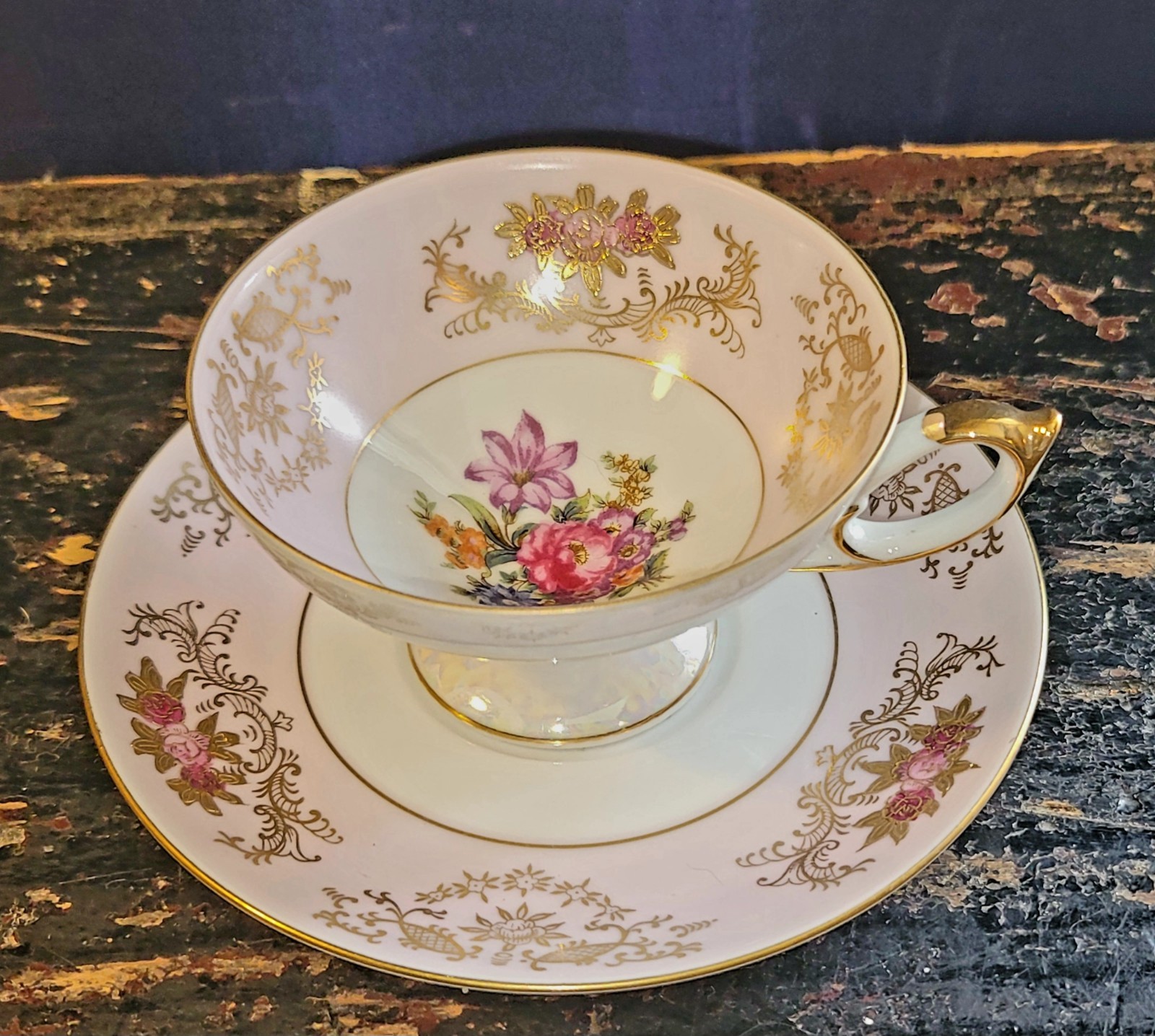 Vintage 24k Gold Scroll Medallion Demitasse Cup & Saucer Floral Pattern