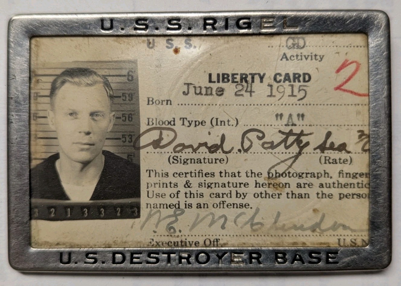 WW2 USS Rigel / US Destroyer Base Photo ID Sailor\'s Liberty Card - Pin Back XB