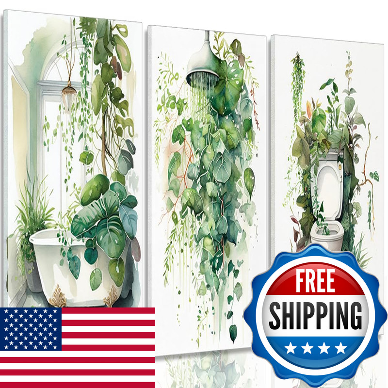 Ryzqubf 3Pcs Framed Botanical Bathroom Wall Art Sage Green Leaves Canvas