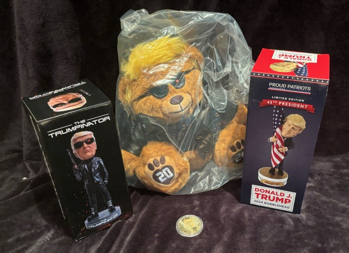 The Trumpinator and Flag Hugging Trump BOBBLEHEADS - Teddy BEAR and Gold Coin
